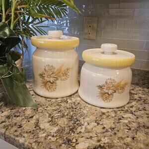 Vintage American Stoneware Daisy and Wheat Canister Set of 2 Yellow Grandma Core